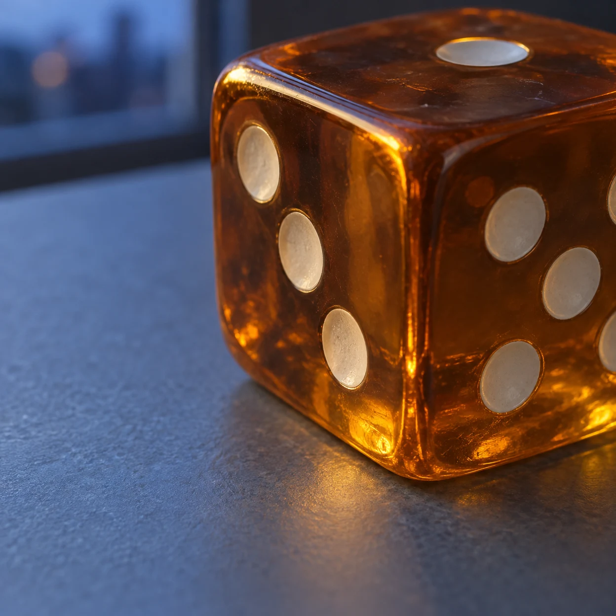 A large translucent amber die fills the right side of a blue-gray tabletop, with recessed white pips on two visible faces and a warm golden glow along its…