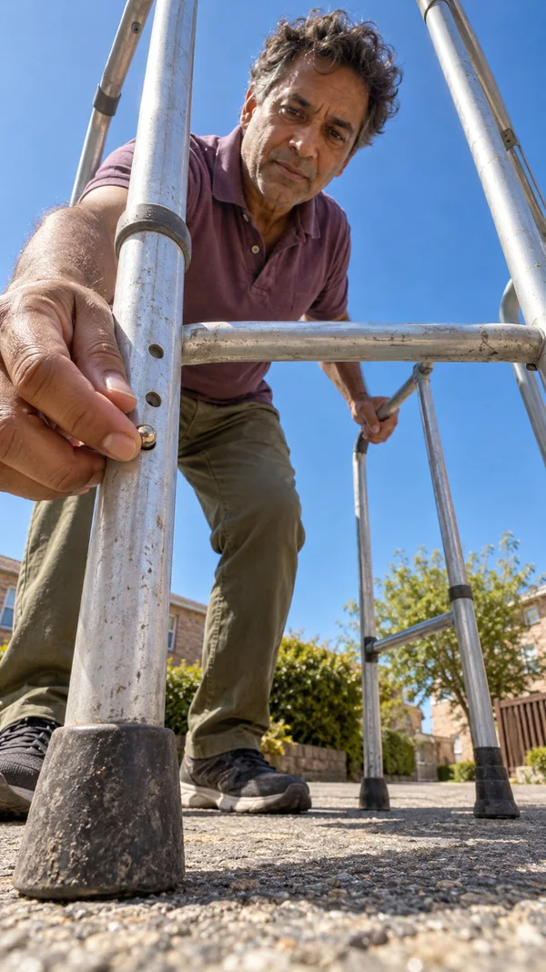 A man in a plum polo and olive trousers bends over an aluminium walking frame in a sunny courtyard, pressing a spring button on the nearest leg while looking…