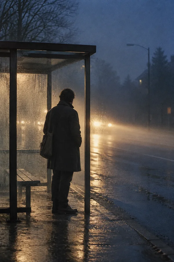A commuter in a dark coat with a canvas shoulder bag waits in a glass bus shelter on a misty, wet street before sunrise, facing the glow of car headlights.