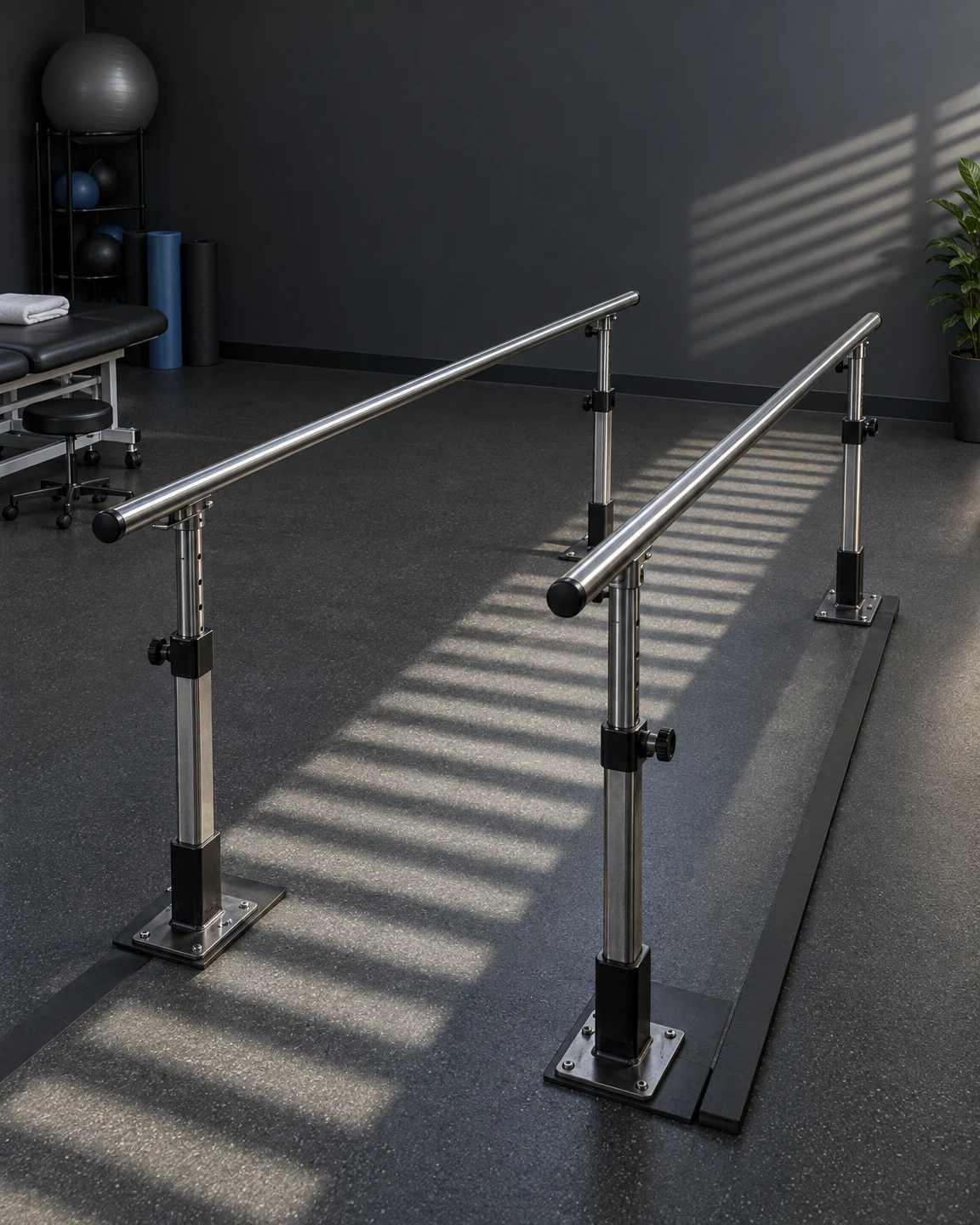 A pair of brushed-metal rehabilitation parallel bars stands on a dark rubber floor in a physiotherapy room.