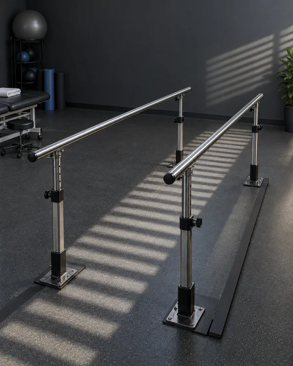A pair of brushed-metal rehabilitation parallel bars stands on a dark rubber floor in a physiotherapy room.