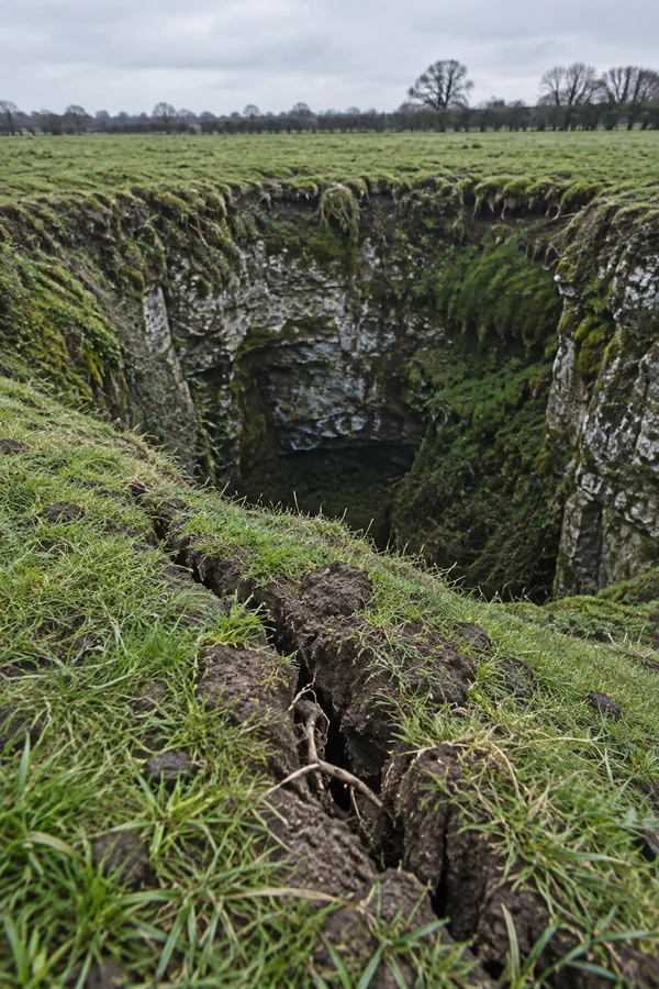 A grassy pasture rim breaks into a deep, shadowed sinkhole with mossy rock walls.