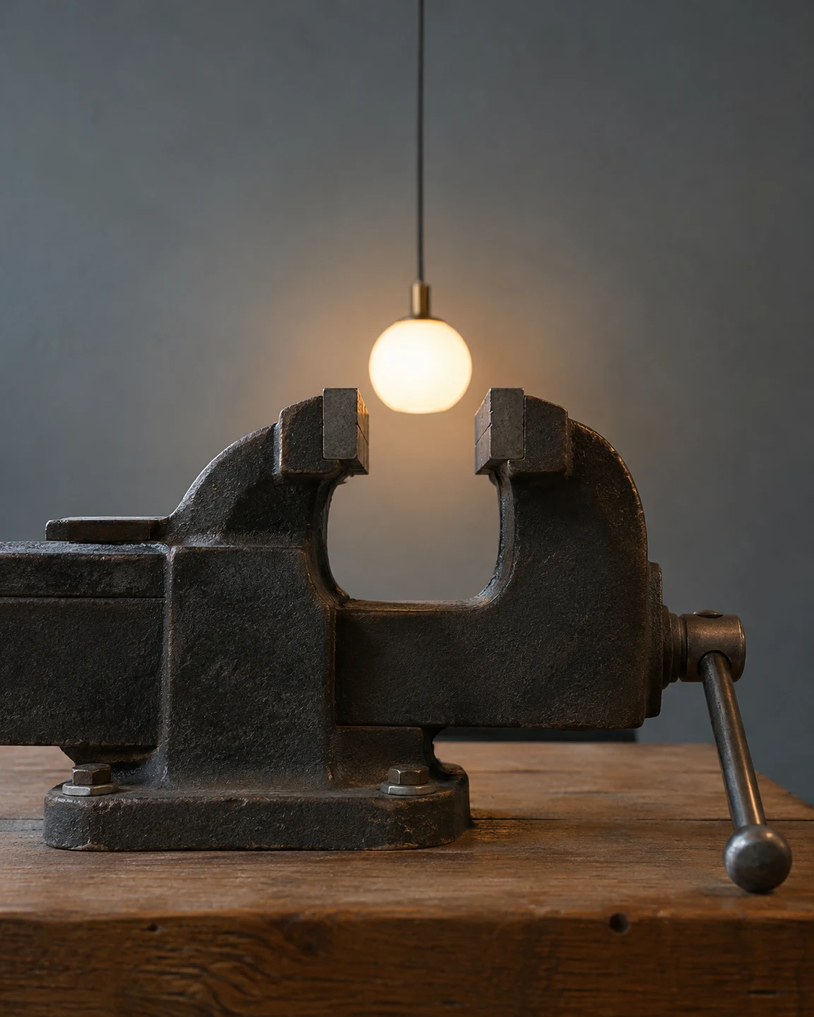 A large dark cast-iron bench vice with open, empty jaws sits on a wooden workbench, with a glowing round pendant suspended behind it against a grey-blue wall.