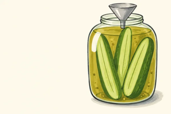 A broad glass jar filled with mustard-colored brine and three long green cucumber spears sits on a warm ivory background, with a gray funnel in its open neck…