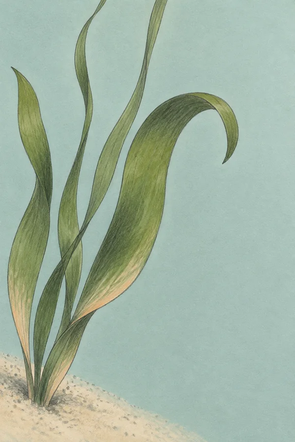 A hand-drawn seagrass clump rises from a small sandy patch at the lower left, with long olive-green blades against a pale blue-green textured background and…