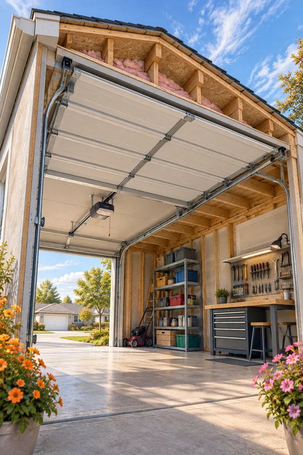 A raised sectional garage door and overhead tracks fill the upper view of a garage with exposed roof framing and insulation, a workbench, tool board, storage…