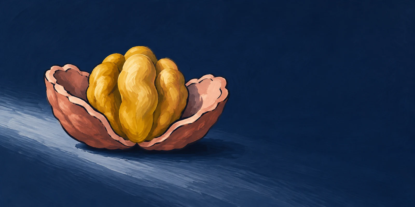 A large golden, deeply folded kernel sits inside two open rose-pink shell halves on a dark navy surface, with a pale diagonal sweep of light and empty space to…