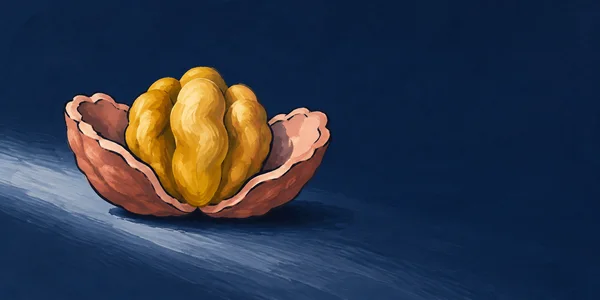 A large golden, deeply folded kernel sits inside two open rose-pink shell halves on a dark navy surface, with a pale diagonal sweep of light and empty space to…