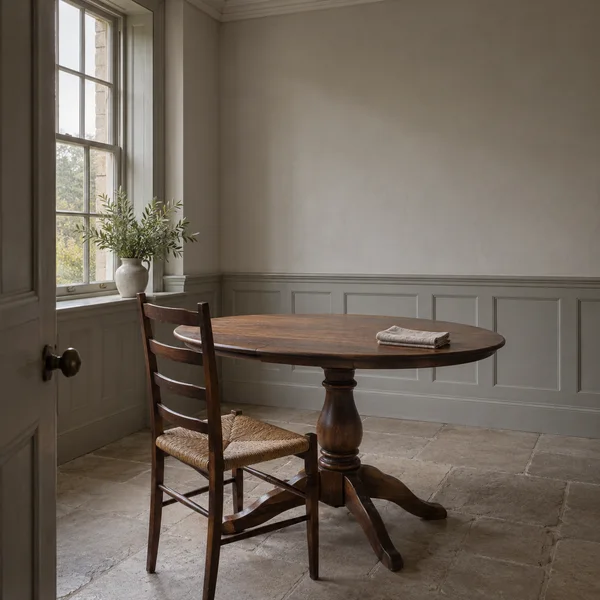 A walnut oval pedestal table with a folded linen napkin and a rush-seat ladder-back chair sits in a pale, panelled dining alcove; soft daylight enters through…