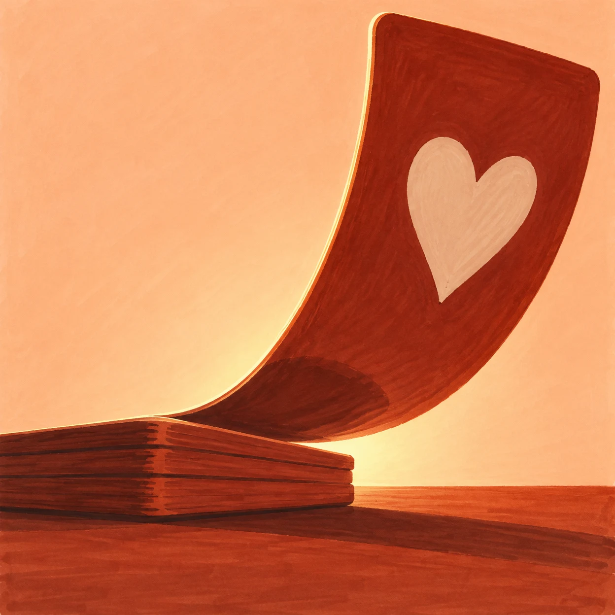 A very large rust-colored playing card with a pale heart curls upward from a squat deck on a terracotta tabletop, backlit against a peach background with a…