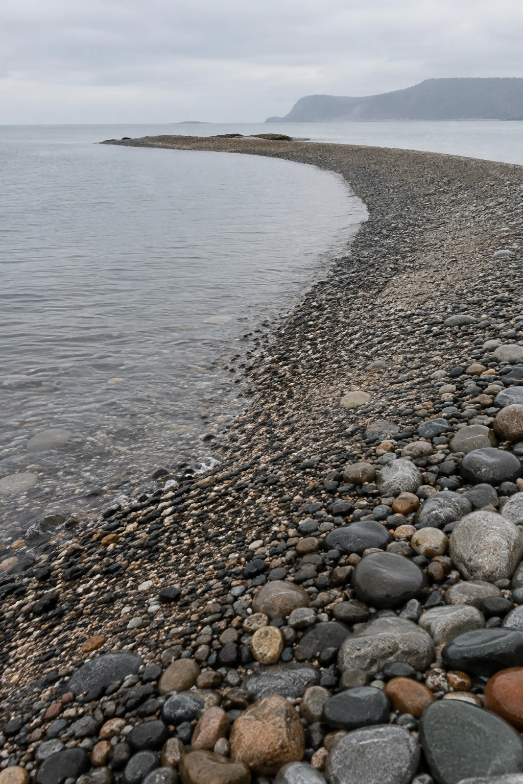 A curved shingle spit of wet pebbles extends beside still grey water under a pale overcast sky, with a hazy headland in the distance.
