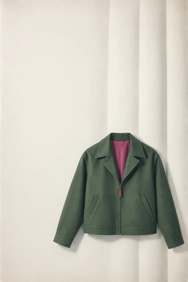 A front-facing dark green jacket with angular sleeves, folded lapels, magenta lining and a red zipper pull hangs against an ivory background with broad…