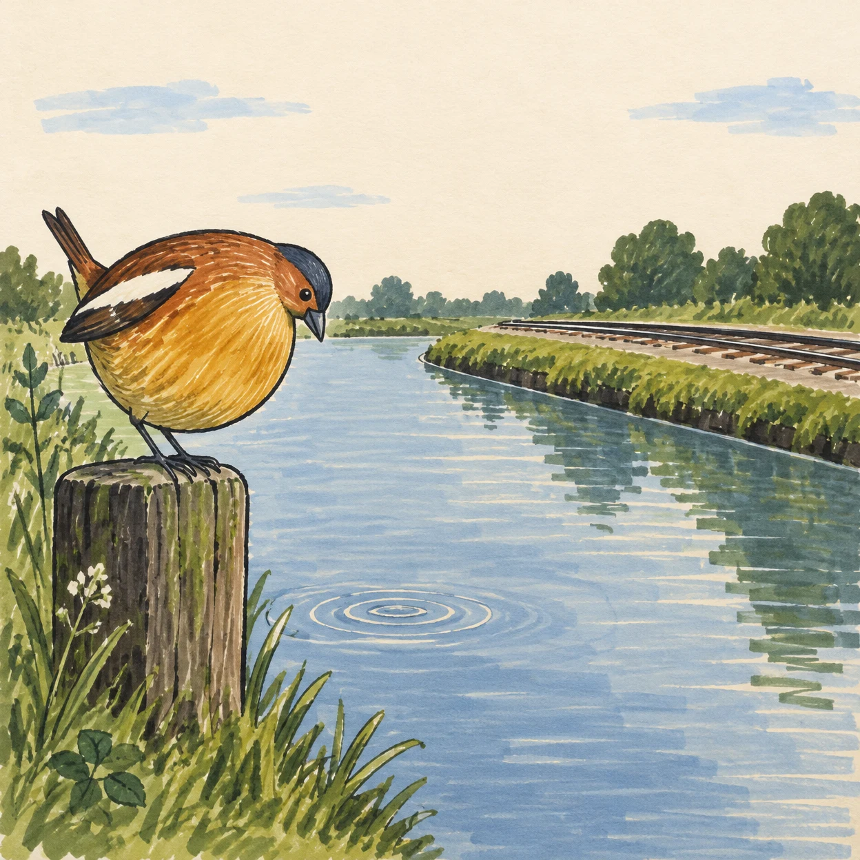 A large ochre, dark-capped finch with a cream wing stripe perches on a weathered wooden post beside a blue canal, leaning toward concentric ripples; railway…