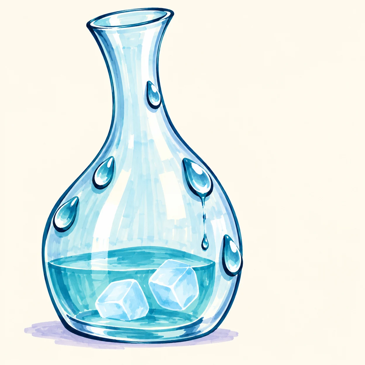 A clear glass carafe with a long narrow neck and broad rounded belly, partly filled with turquoise water and two pale-blue ice cubes.