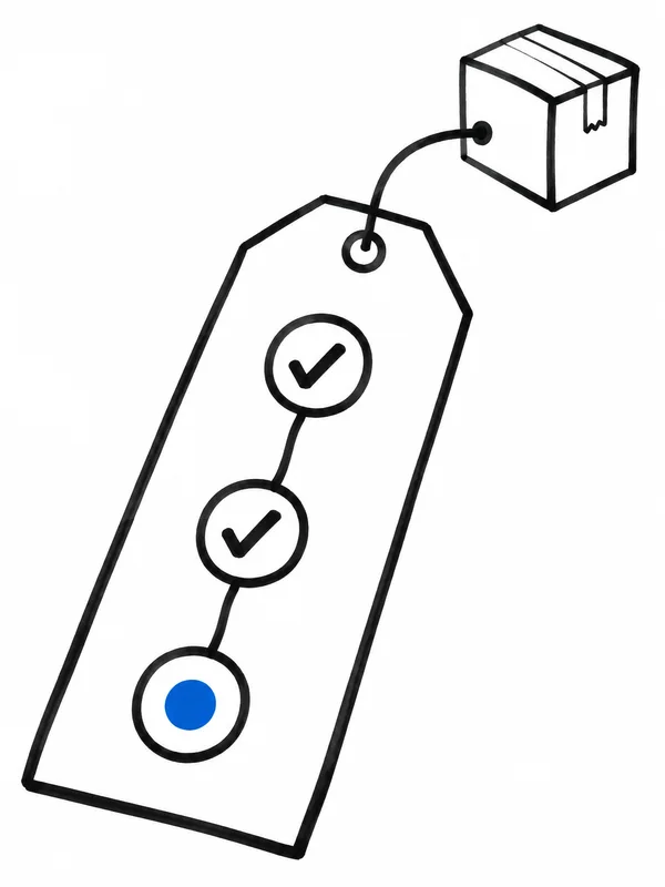 A large white paper tracking tag with three connected checkpoint circles lies diagonally beneath a small outlined cardboard parcel.
