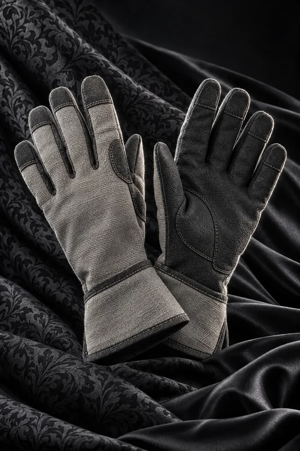 Two upright gardening gloves with crossed cuffs stand against folded black satin and charcoal damask; the left glove shows a light woven back, while the right…