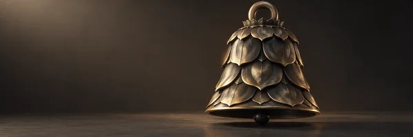 An ornate bronze bell with a thick crown loop and a dark spherical clapper hangs above a warm charcoal studio floor.