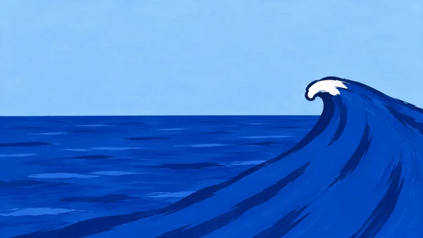 A large cobalt wave sweeps up from the lower-right foreground beneath a small white hooked crest, with a straight horizon, rippled ultramarine sea and pale…