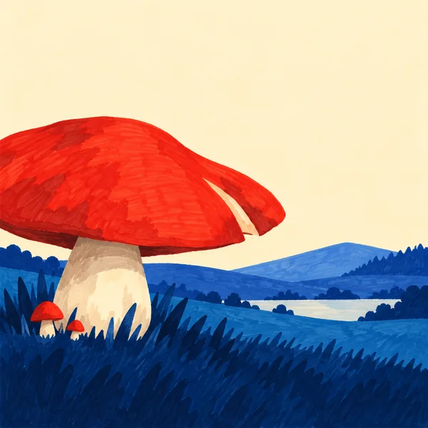 A huge lopsided red-capped mushroom with a stout cream stem stands in dense dark-blue grass, with two smaller red mushrooms nearby.