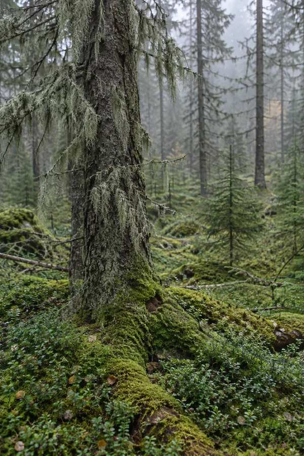 A lichen-draped spruce trunk rises from a mossy forest floor covered with low plants, while slimmer spruce trunks recede into a softly misted background.