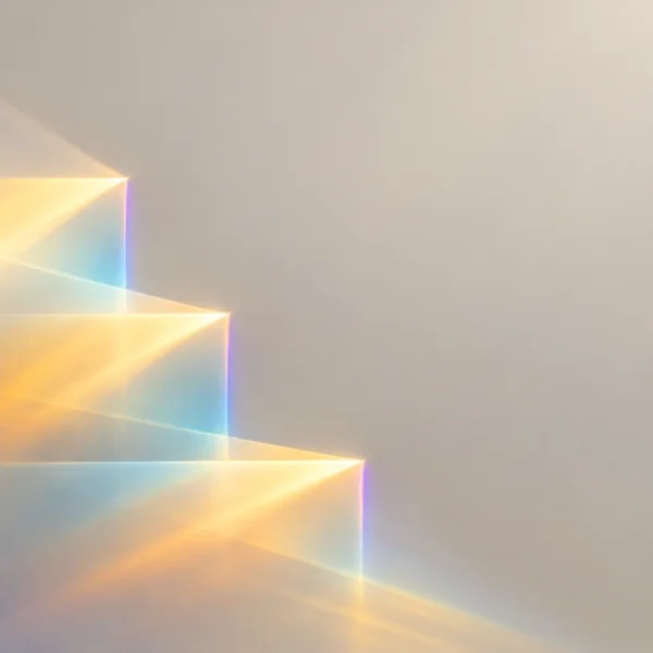 Translucent amber and pale cyan light planes form three stepped, violet-fringed edges across the lower-left of a warm grey field, with broad open space to the…