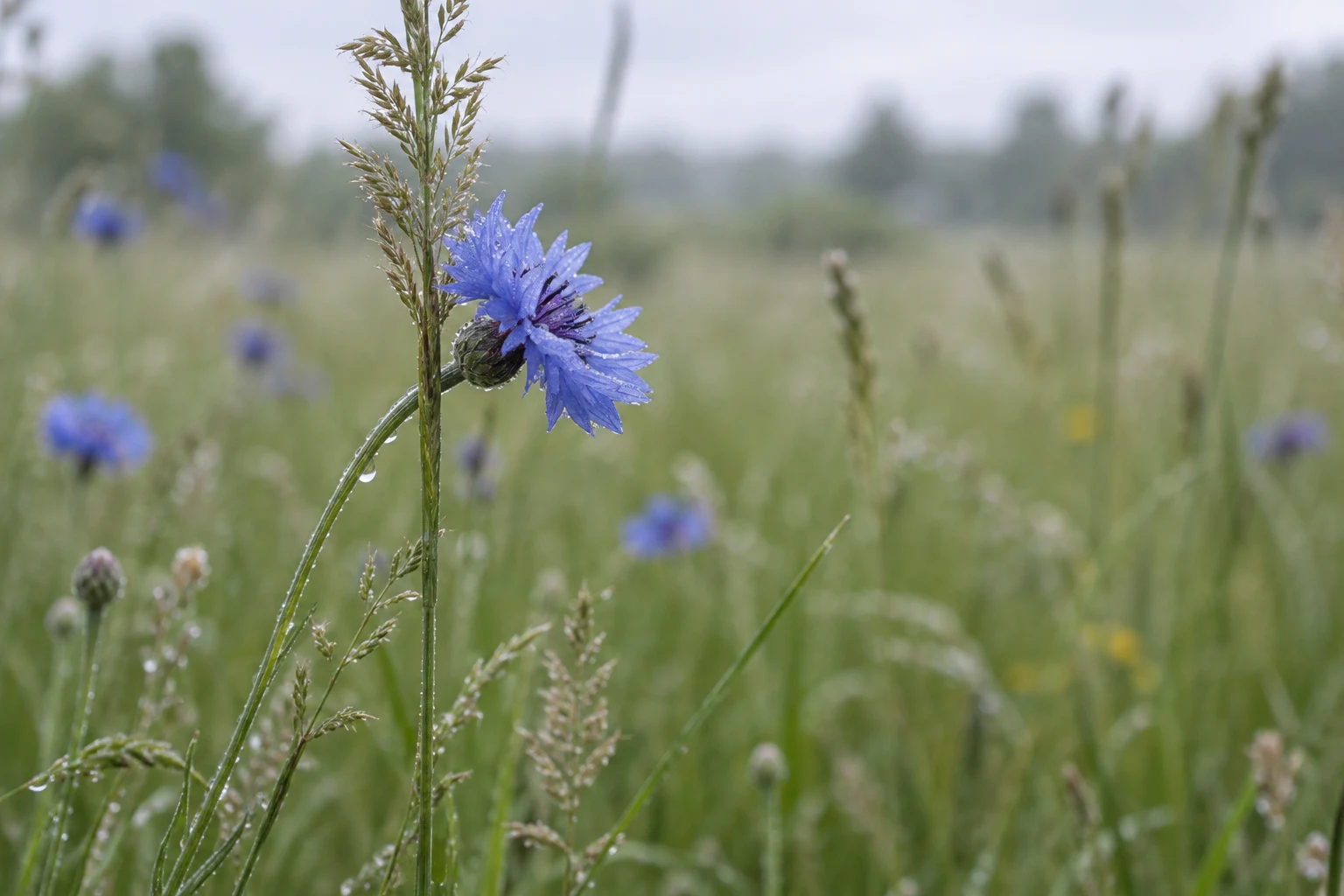 A blue cornflower with visible water droplets bends beside a tall upright grass stem with a feathery seed head in a meadow; blurred grasses and other blue…