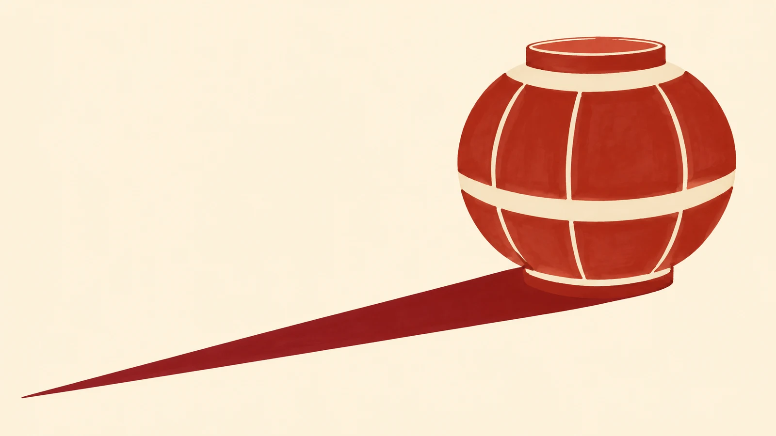 A large, rounded brick-red barrel with cream bands and pale stave lines sits on a warm cream background, casting an extremely long tapered red shadow toward…
