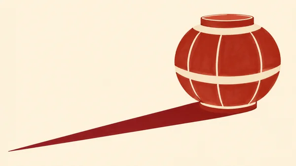 A large, rounded brick-red barrel with cream bands and pale stave lines sits on a warm cream background, casting an extremely long tapered red shadow toward…