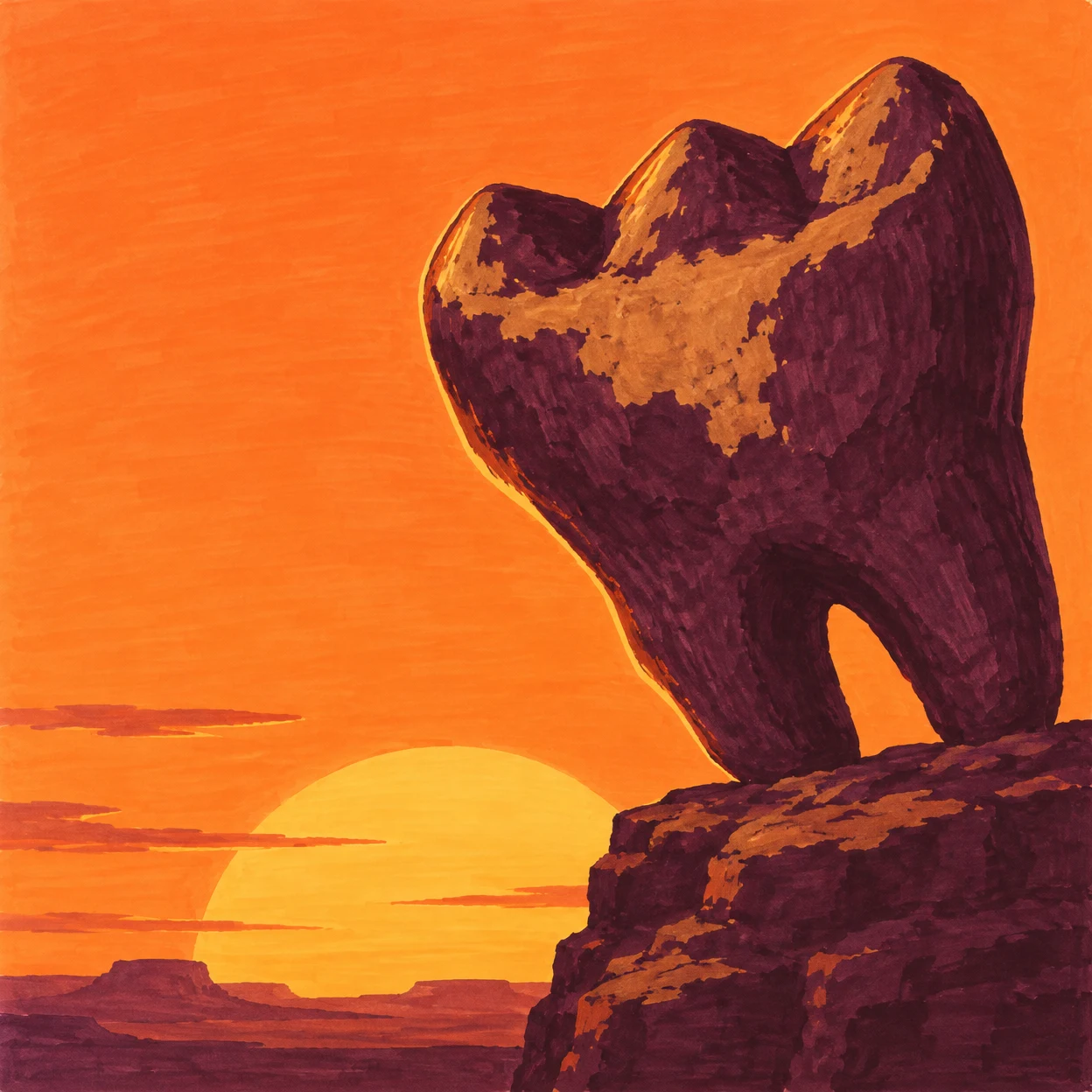 A giant dark plum molar with three rounded crown cusps and a broad ochre patch stands on a rocky ledge against an orange sunset, with a large sun and distant…