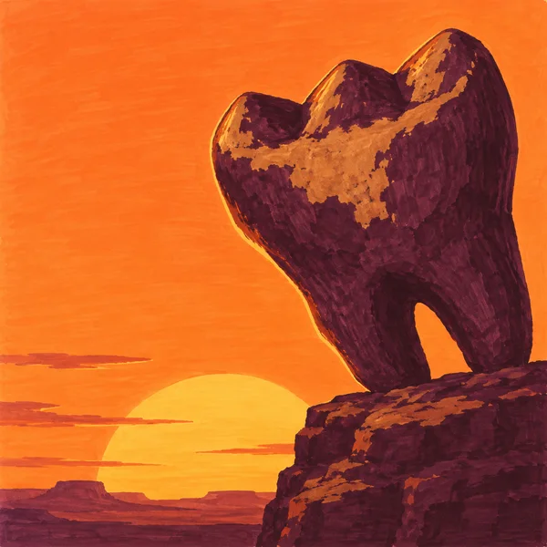 A giant dark plum molar with three rounded crown cusps and a broad ochre patch stands on a rocky ledge against an orange sunset, with a large sun and distant…