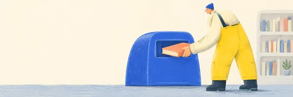 A person in yellow waterproof bib trousers and dark deck boots leans over to slide a coral-colored book into a large cobalt return chute.