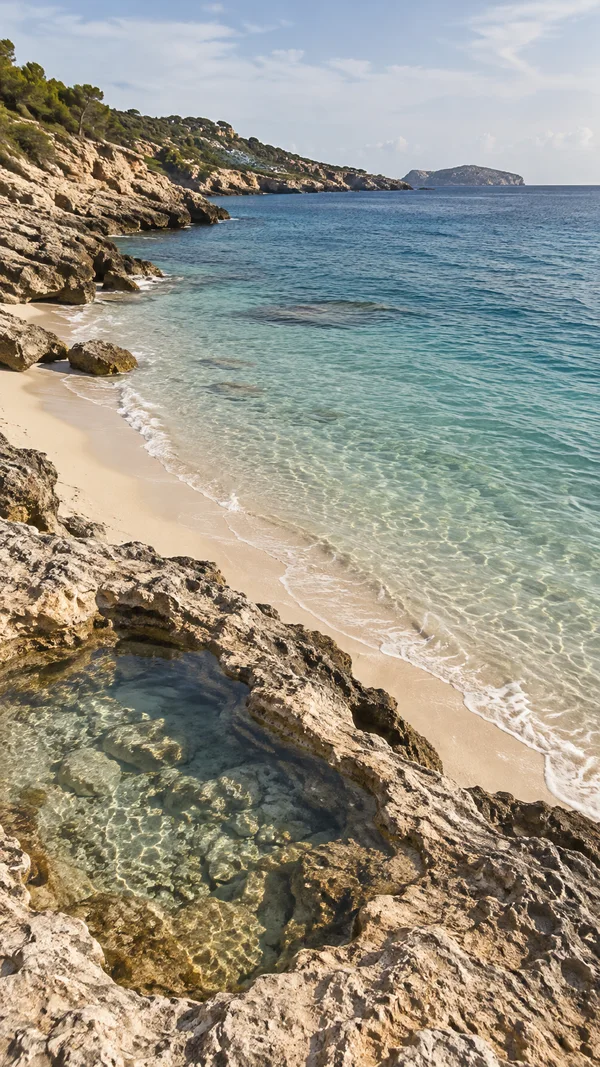 A pale-sand Mediterranean cove curves beside weathered limestone rocks, with clear green-blue water, a shallow rock pool in the foreground, and a wooded rocky…