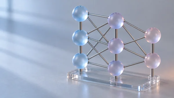 A tabletop neural-network model with eight translucent blue and lavender spheres joined by metal rods, mounted on a clear rectangular base against a pale gray…