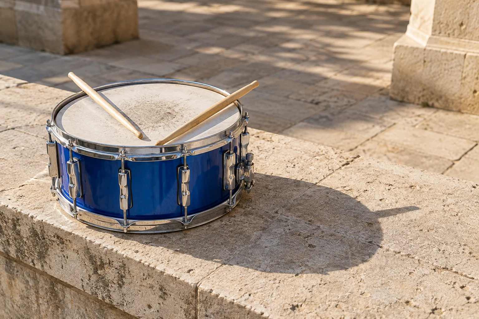 A cobalt-blue snare drum with two wooden drumsticks rests on a limestone ledge in a sunlit stone courtyard, casting a long shadow across the empty paving.