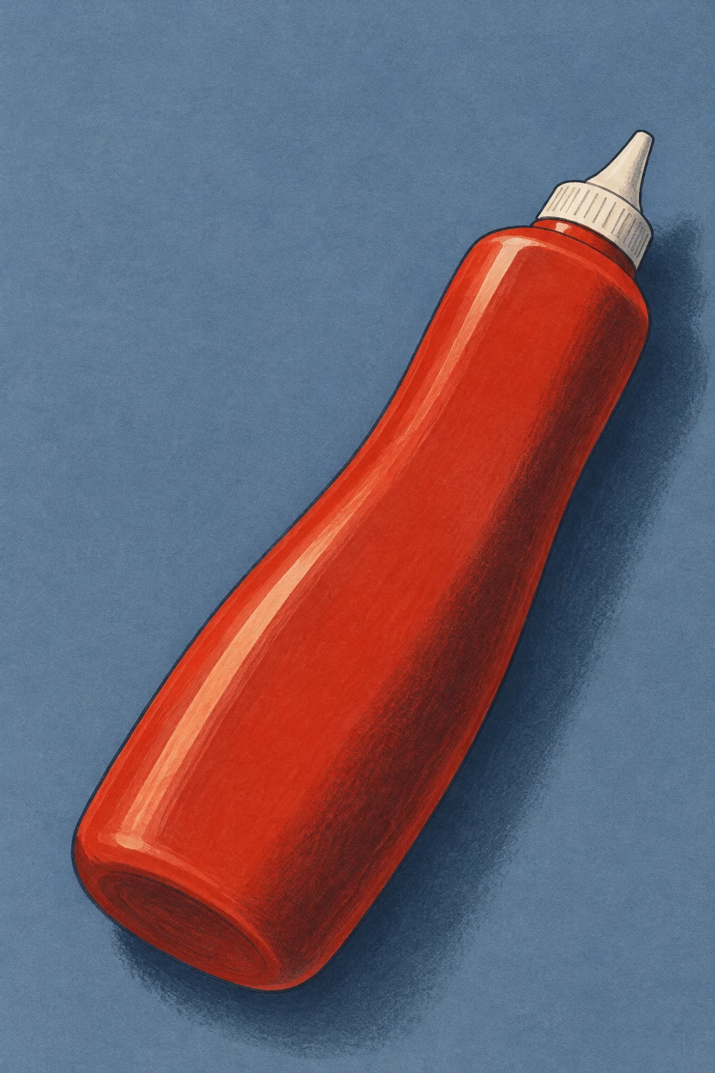A long tomato-red squeeze bottle with an ivory pointed nozzle lies diagonally across a textured slate-blue surface, with a grainy dark shadow beside it.