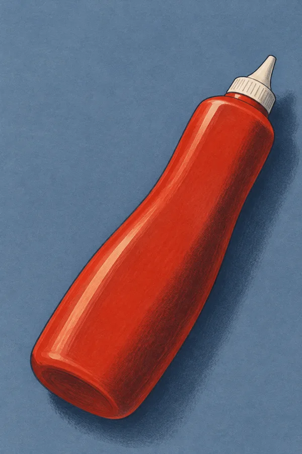 A long tomato-red squeeze bottle with an ivory pointed nozzle lies diagonally across a textured slate-blue surface, with a grainy dark shadow beside it.