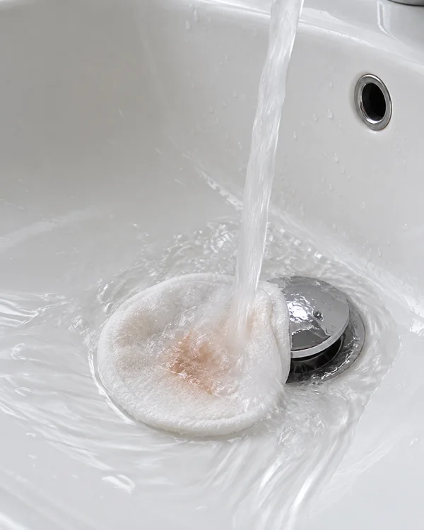 A damp round white cotton cleansing pad with a faint peach-colored trace rests against a chrome basin plug as water runs onto it in a white ceramic sink.