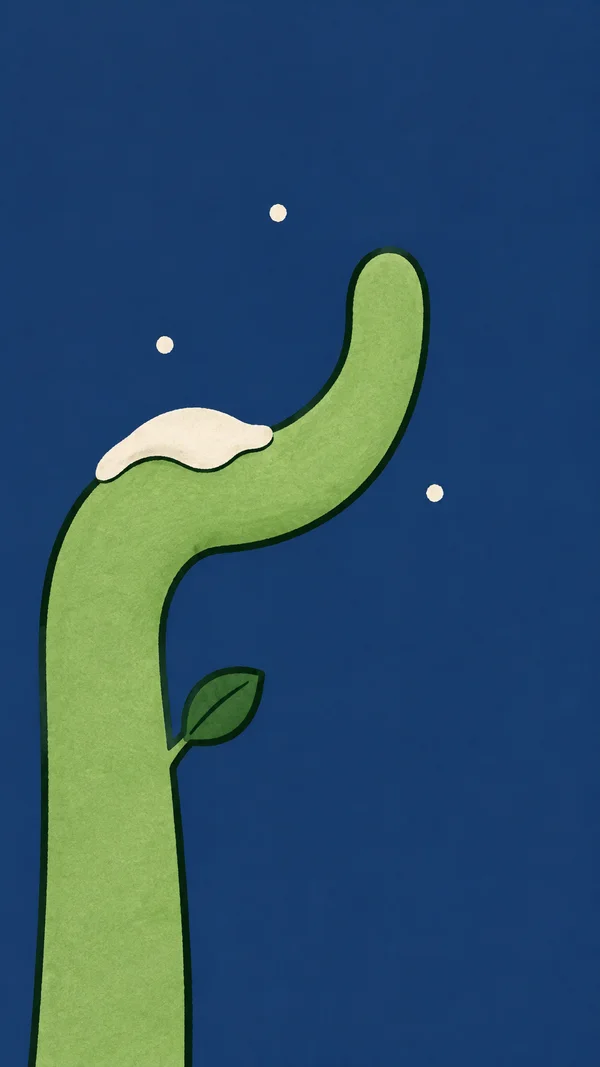 A thick pale-green stem rises from the lower left, curves to a blunt upright tip, and carries a dark-green leaf.