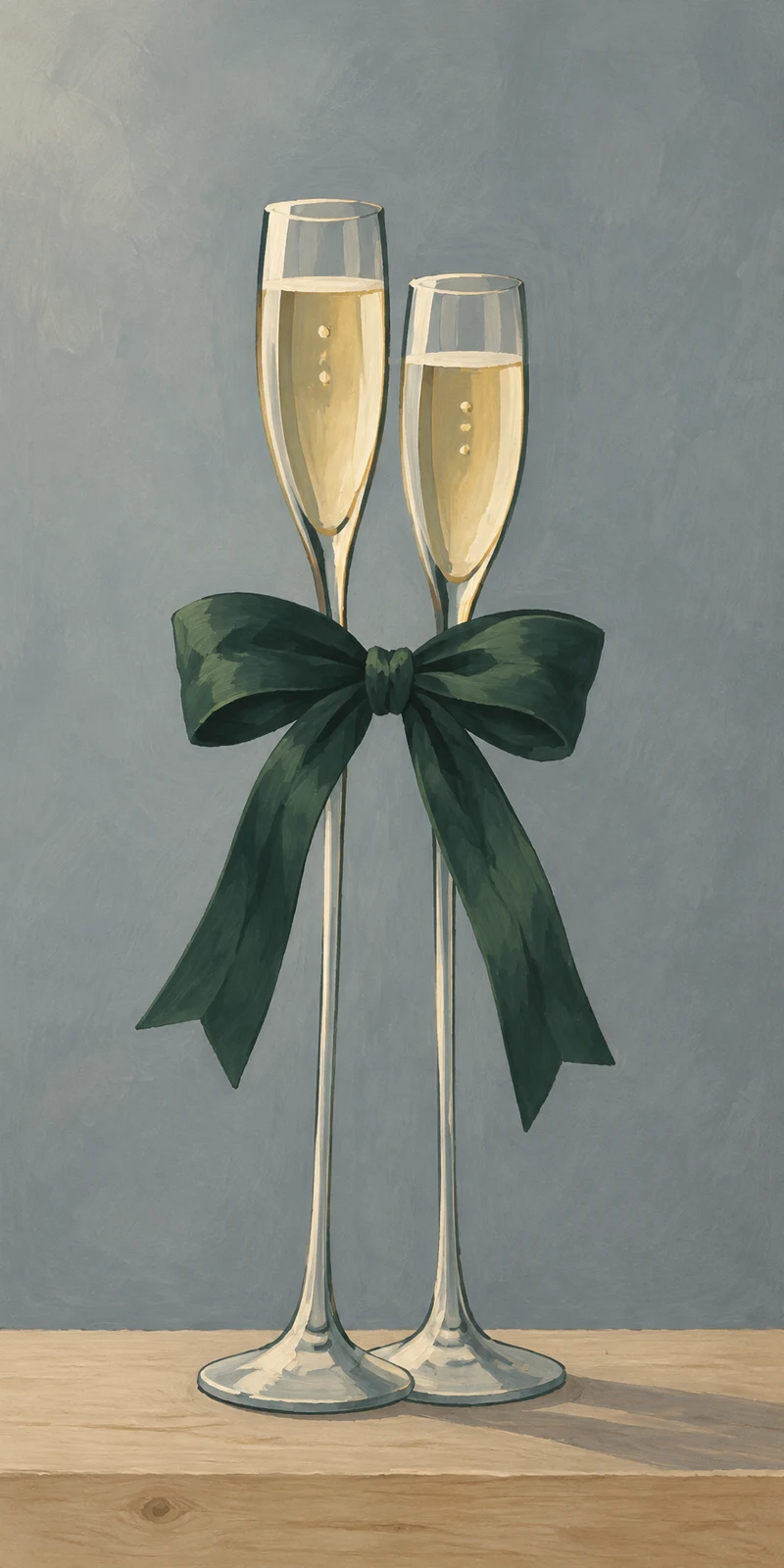 Two tall champagne flutes with pale golden liquid stand together on a pale wood strip, joined around their stems by a large dark green bow against a slate…