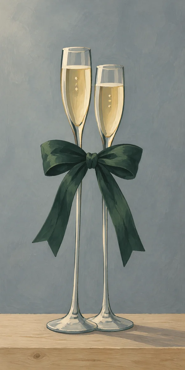 Two tall champagne flutes with pale golden liquid stand together on a pale wood strip, joined around their stems by a large dark green bow against a slate…
