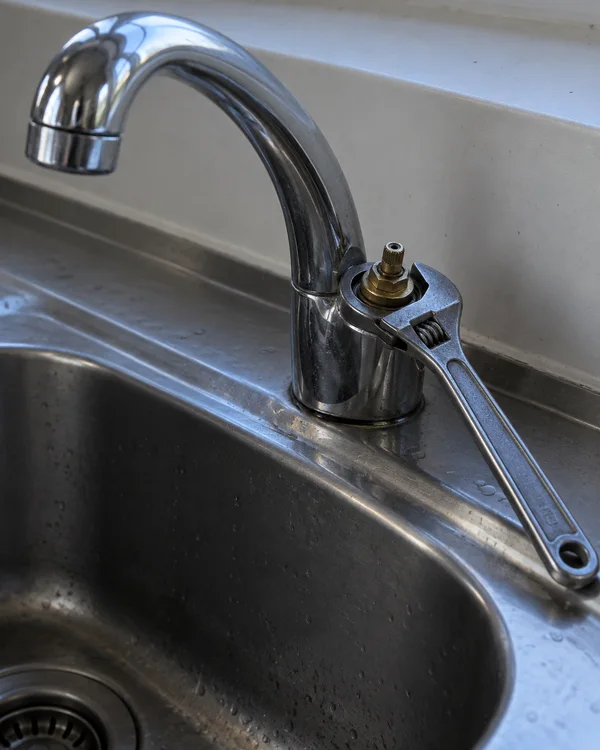 A chrome kitchen tap with its handle and cover removed exposes a brass fitting, gripped by an adjustable spanner resting diagonally across a stainless-steel…