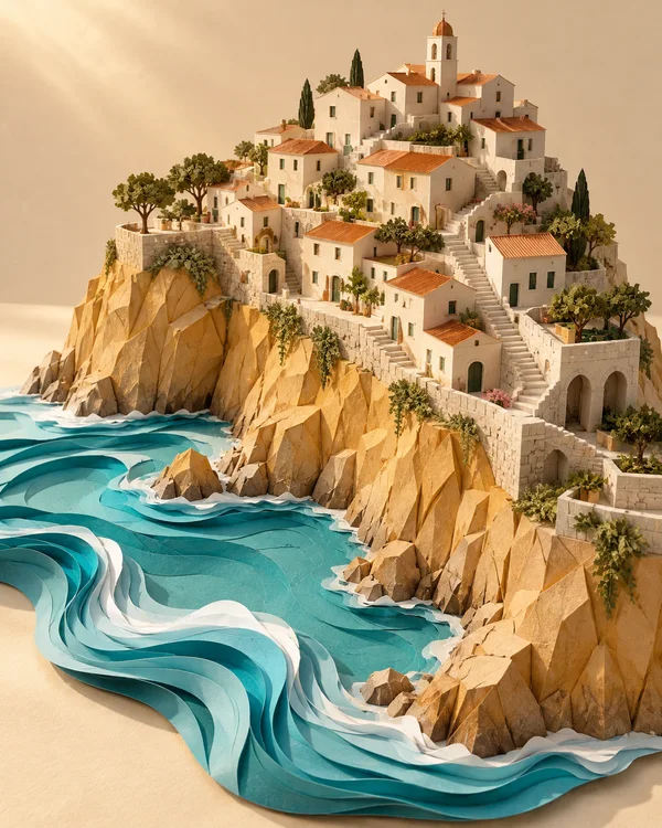 A detailed paper-style coastal village of ivory houses with terracotta roofs climbs an ochre rocky headland above layered turquoise and pale-blue waves…