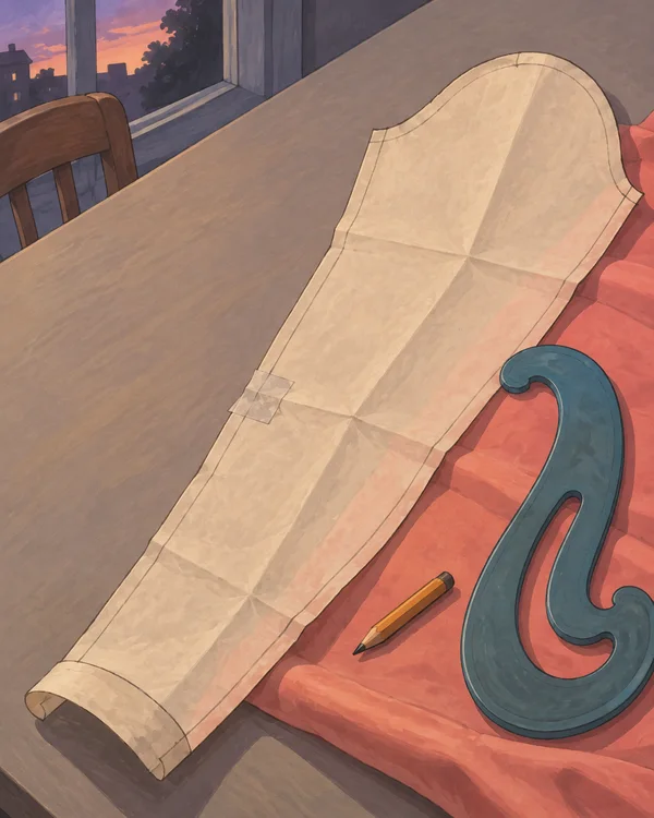 An elongated cream sleeve pattern lies diagonally across coral fabric on a grey sewing table, with a teal French curve and an ochre pencil nearby; a chair and…