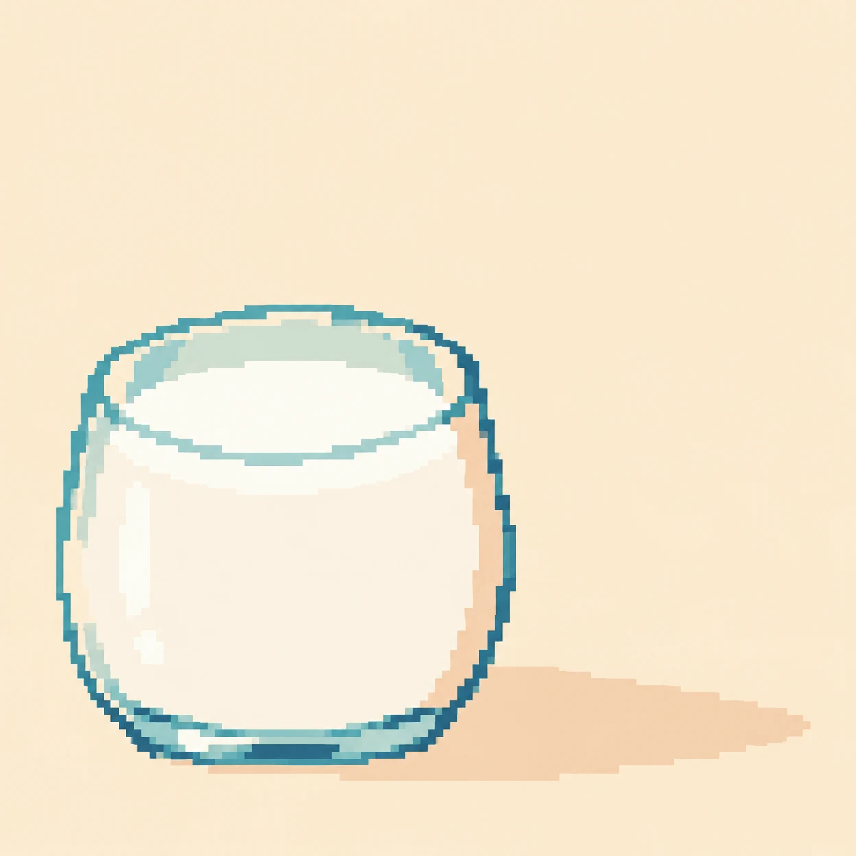 A squat, wide drinking glass filled nearly to the rim with white milk, rendered in stepped pixel-art shapes against a warm cream background.