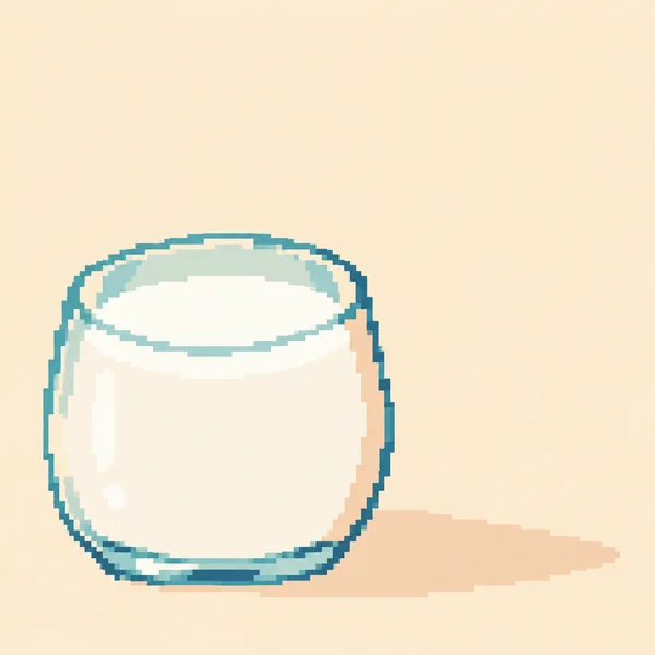 A squat, wide drinking glass filled nearly to the rim with white milk, rendered in stepped pixel-art shapes against a warm cream background.