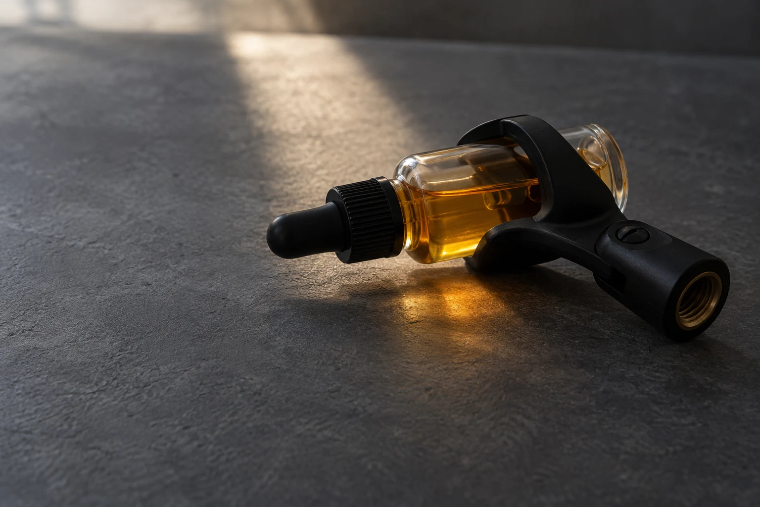 A clear glass dropper bottle partly filled with amber liquid lies in a black microphone clip on a slate-grey tabletop, with a warm beam of light and amber…