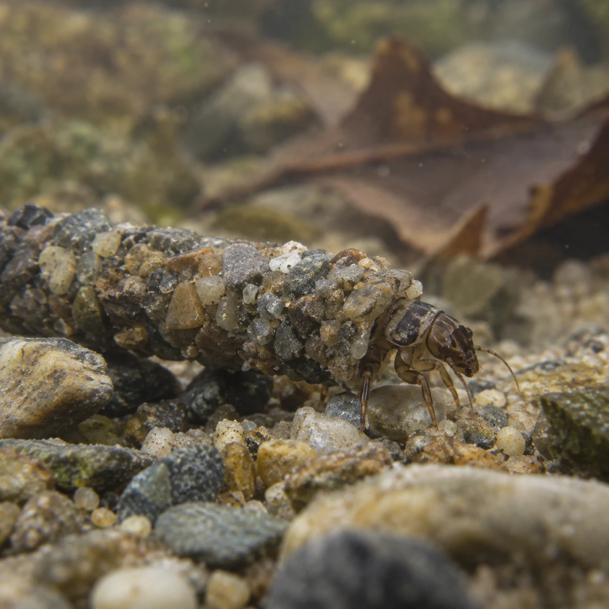 A caddisfly larva crawls across fine gravel, its head and legs emerging from a tubular case covered in small pale and dark stones.