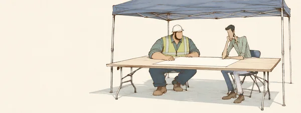 A broad coordinator in a hard hat and safety vest and a slimmer colleague sit across an oversized folding table beneath a blue-gray canopy, looking toward a…