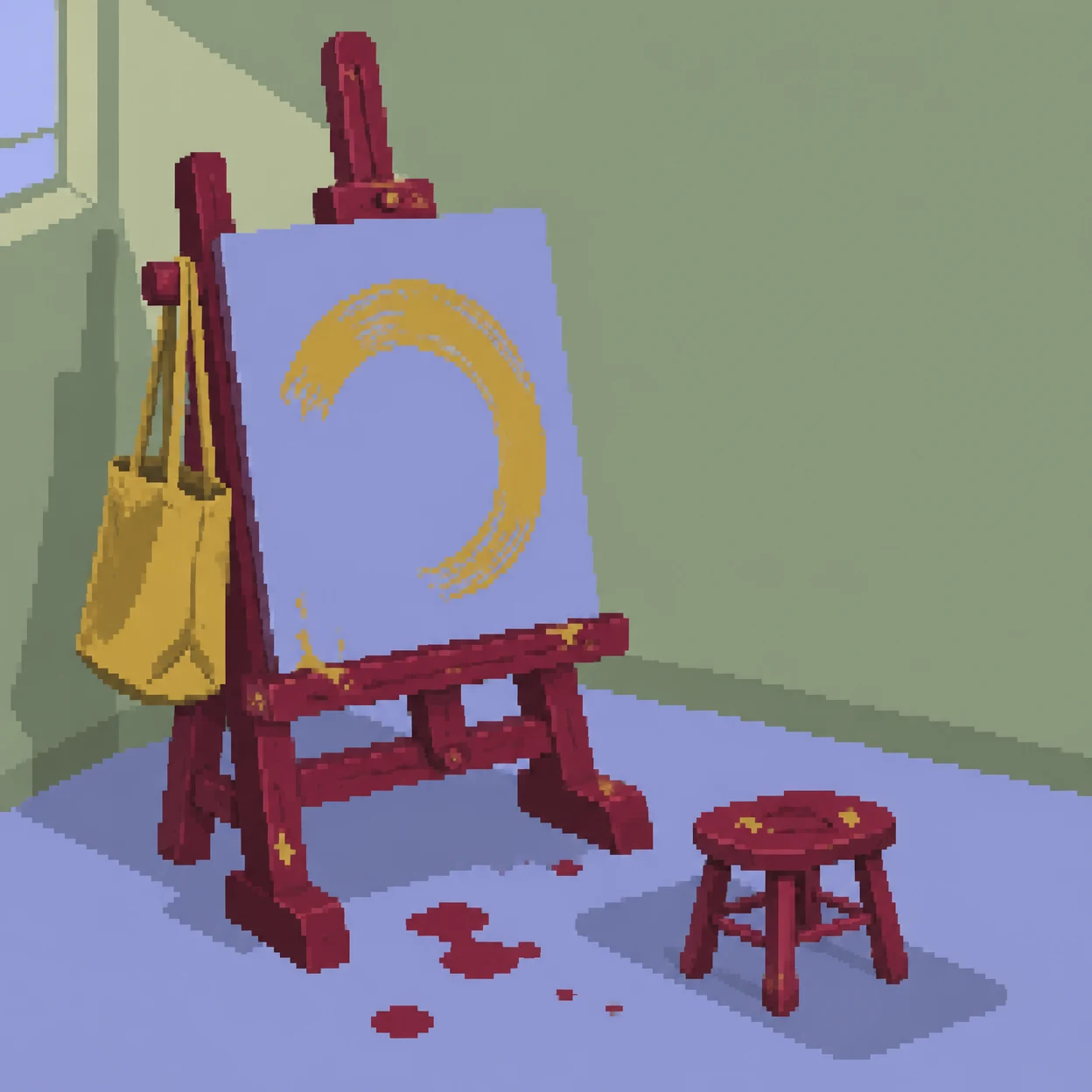 A burgundy easel holds a periwinkle canvas painted with a gold arc in a sage-walled studio corner.