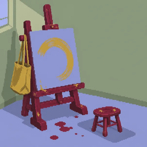 A burgundy easel holds a periwinkle canvas painted with a gold arc in a sage-walled studio corner.